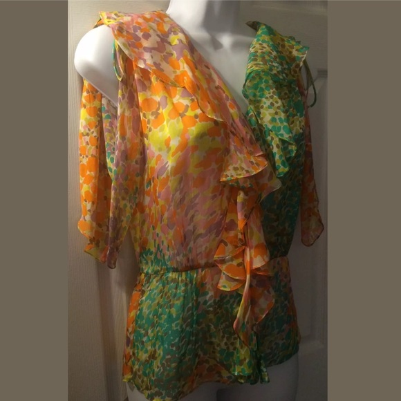 Original MILLY New York Silk Ruffle Blouse Colorful Peplum Top Shirt Pink Orange - Picture 2 of 10